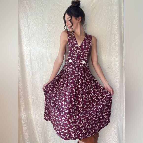 Vintage 80s Purple Floral Pinafore Dress 100% Rayon Apron Style Overall Dress - Picture 7 of 11